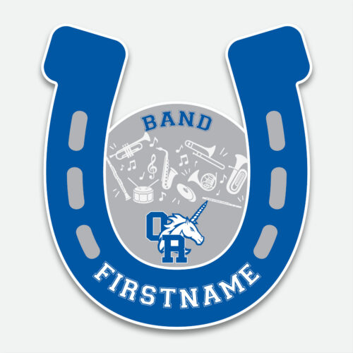 Personalized Oak Run Band decal featuring a blue, white, and grey horseshoe design with band instruments and first name