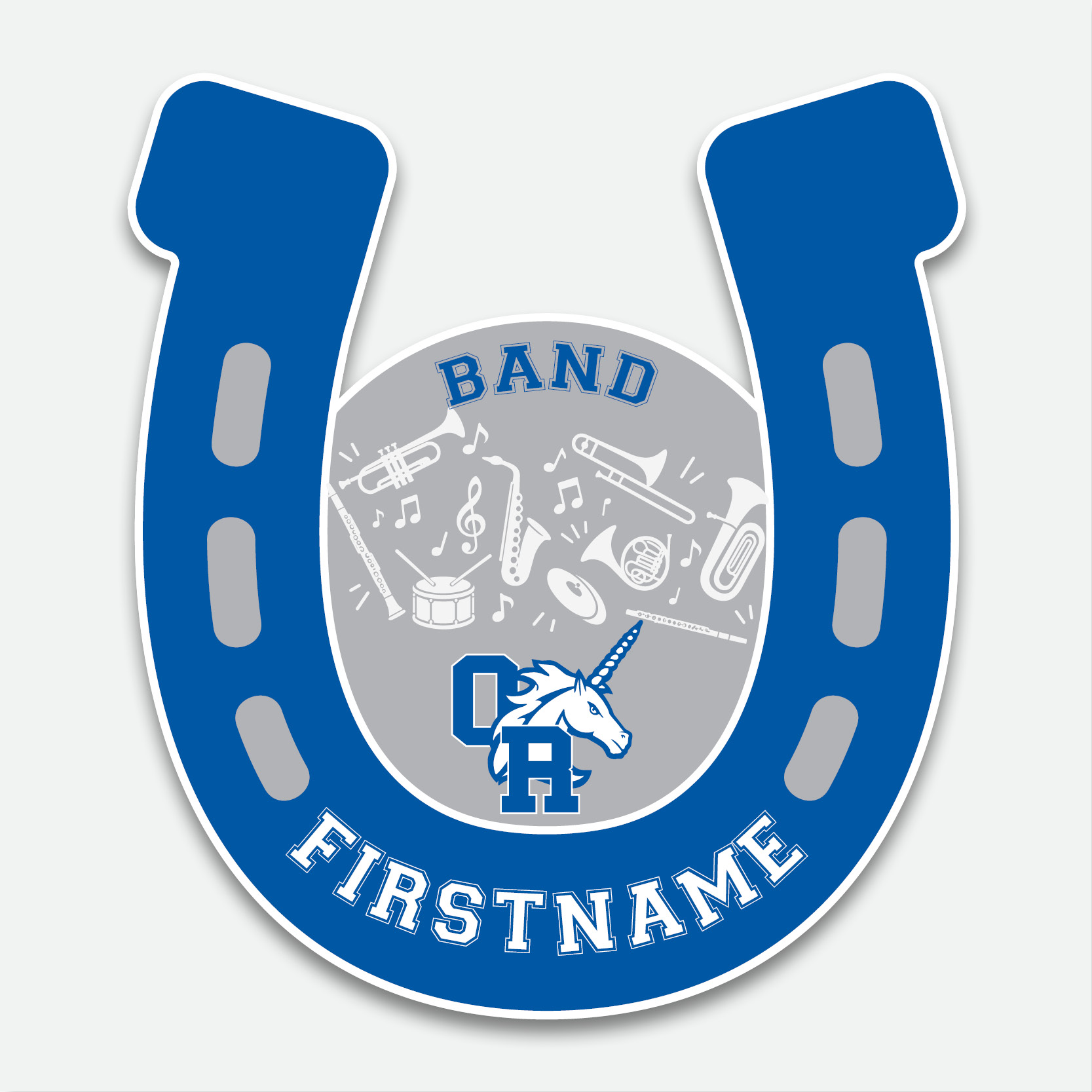 Personalized Oak Run Band decal featuring a blue, white, and grey horseshoe design with band instruments and first name