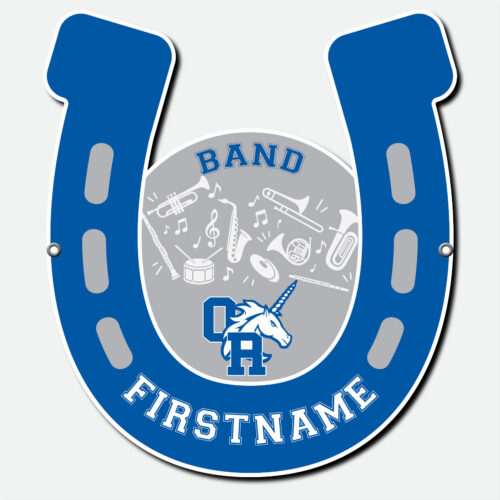 Personalized Oak Run Band fence sign featuring a blue, white, and grey horseshoe design with band instruments, first name and grommets
