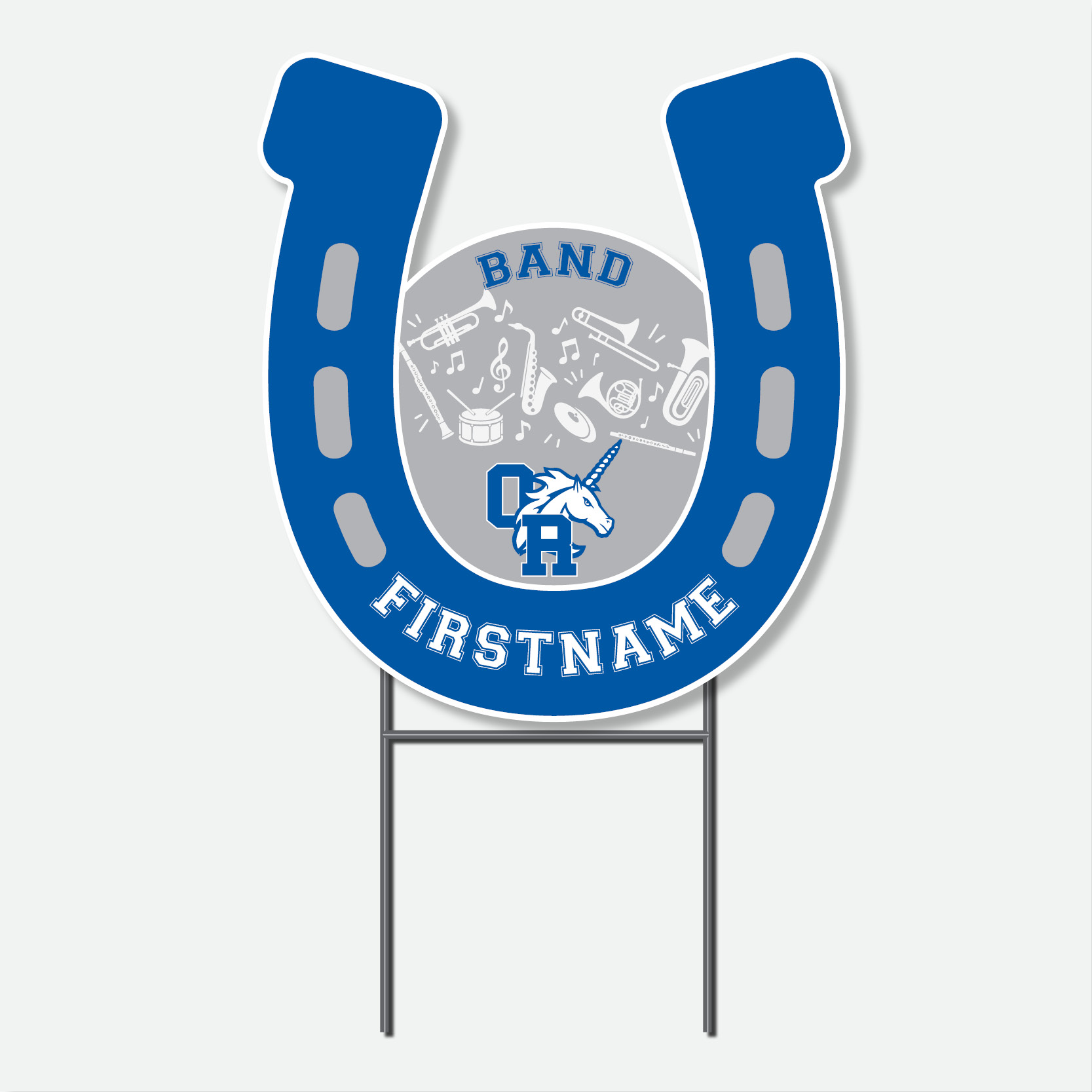 Personalized Oak Run Band yard sign featuring a blue, white, and grey horseshoe design with band instruments, first name and H-stake