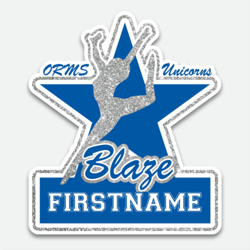 Personalized Oak Run Blaze Dance decal featuring a silver sparkle dancer within a blue, white, and silver sparkle star design with first name
