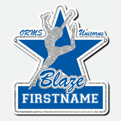 Personalized Oak Run Blaze Dance fence sign featuring a silver sparkle dancer within a blue, white, and silver sparkle star design with first name and grommets