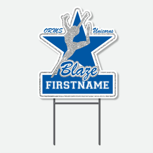 Personalized Oak Run Blaze Dance yard sign featuring a silver sparkle dancer within a blue, white, and silver sparkle star design with first name and H-stake