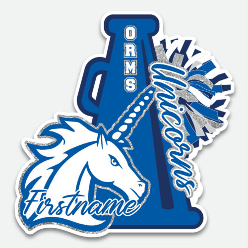 Custom Oak Run Middle School Cheer decal featuring a blue and white megaphone, pom-poms, a unicorn mascot, and personalized first name.