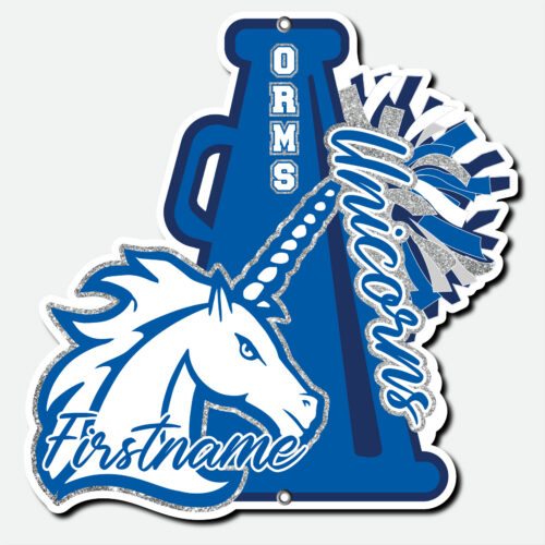 Custom Oak Run Middle School Cheer fence sign featuring a blue and white megaphone, pom-poms, a unicorn mascot, and personalized first name.
