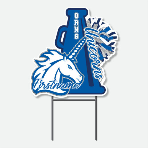 Custom Oak Run Middle School Cheer yard sign featuring a blue and white megaphone, pom-poms, a unicorn mascot, and personalized first name.