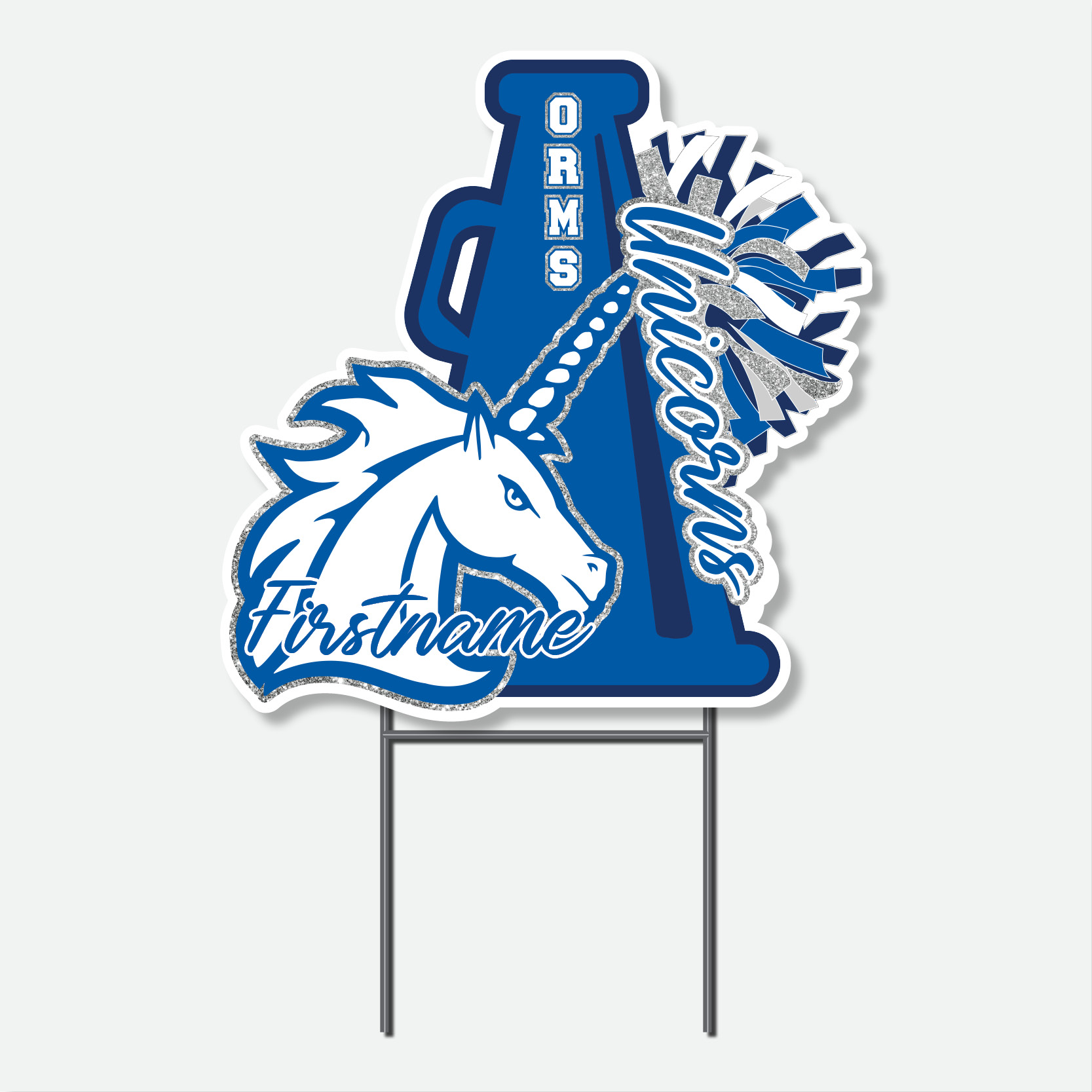 Custom Oak Run Middle School Cheer yard sign featuring a blue and white megaphone, pom-poms, a unicorn mascot, and personalized first name.