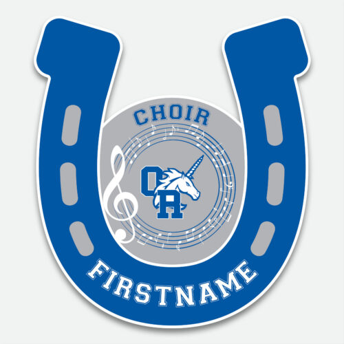 Personalized Oak Run Choir fence sign featuring a blue, white, and grey horseshoe design with musical notes, first name and grommets
