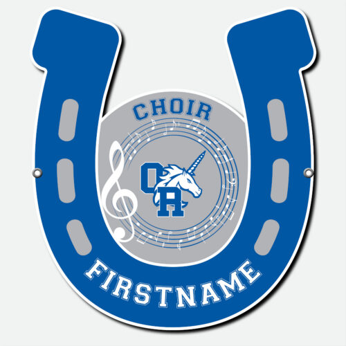 Personalized Oak Run Choir fence sign featuring a blue, white, and grey horseshoe design with musical notes, first name and grommets