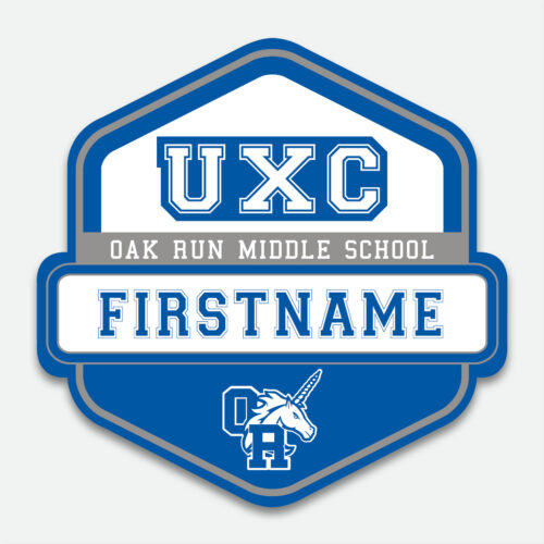 Personalized Oak Run Cross Country Decal featuring a blue, grey, and white UXC design with first name