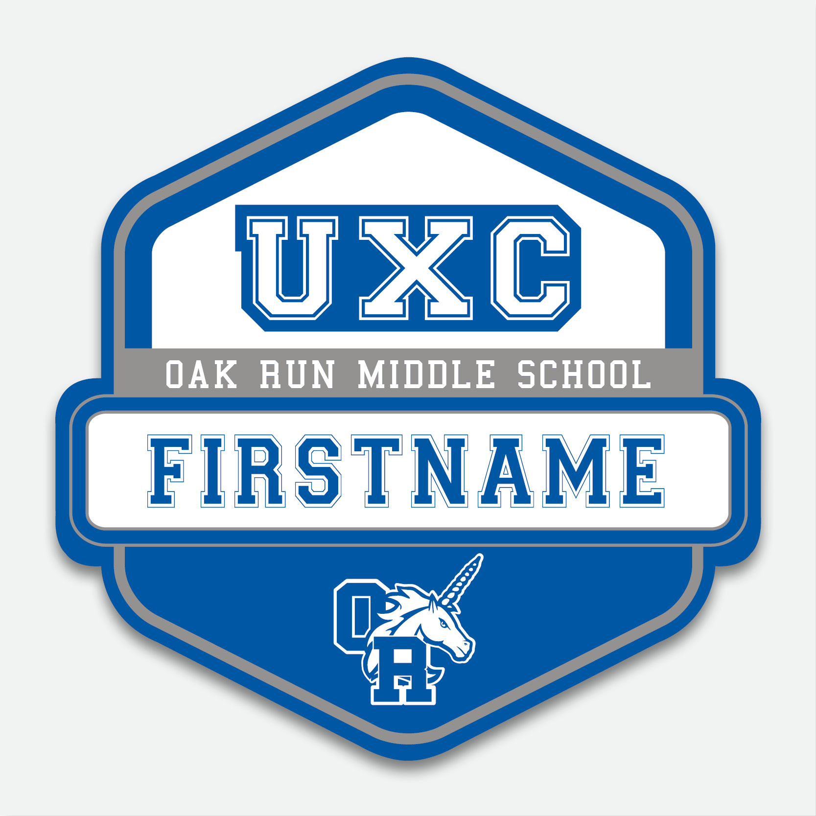 Personalized Oak Run Cross Country Decal featuring a blue, grey, and white UXC design with first name