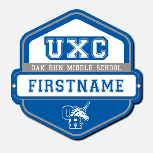 Personalized Oak Run Cross Country fence sign featuring a blue, grey, and white UXC design with first name and grommets