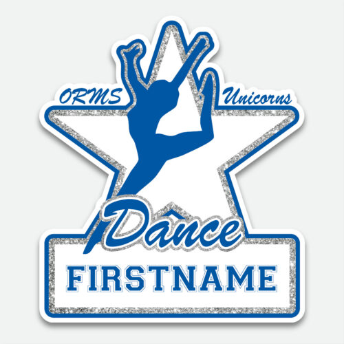 Personalized Oak Run Dance decal featuring a blue dancer within a white, blue, and silver sparkle star design with first name