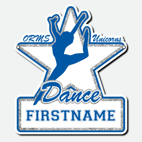 Personalized Oak Run Dance fence sign featuring a blue dancer within a white, blue, and silver sparkle star design with first name and grommets