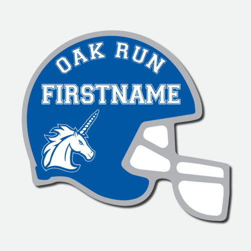 Personalized Oak Run Football decal featuring a blue and white football helmet design with first name