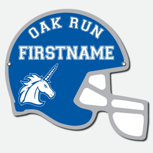 Personalized Oak Run Football fence sign featuring a blue and white football helmet design with first name and grommets