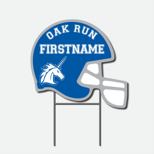 Personalized Oak Run Football yard sign featuring a blue and white football helmet design with first name and H-stake