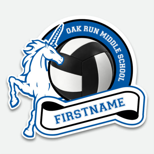 Personalized Oak Run Volleyball decal featuring a blue and white volleyball design with first name