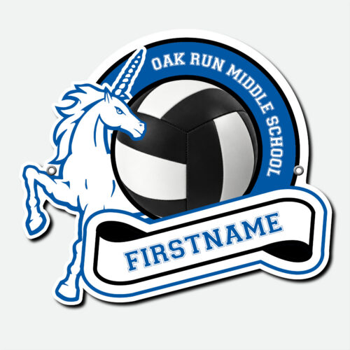 Personalized Oak Run Volleyball fence sign featuring a blue and white volleyball design with first name and grommets