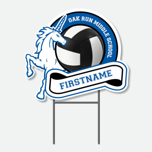 Personalized Oak Run Volleyball yard sign featuring a blue and white volleyball design with first name and H-stake