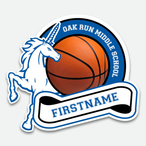 Personalized Oak Run Basketball decal featuring a blue and white basketball design with first name