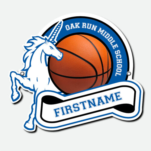Personalized Oak Run Basketball fence sign featuring a blue and white basketball design with first name and grommets