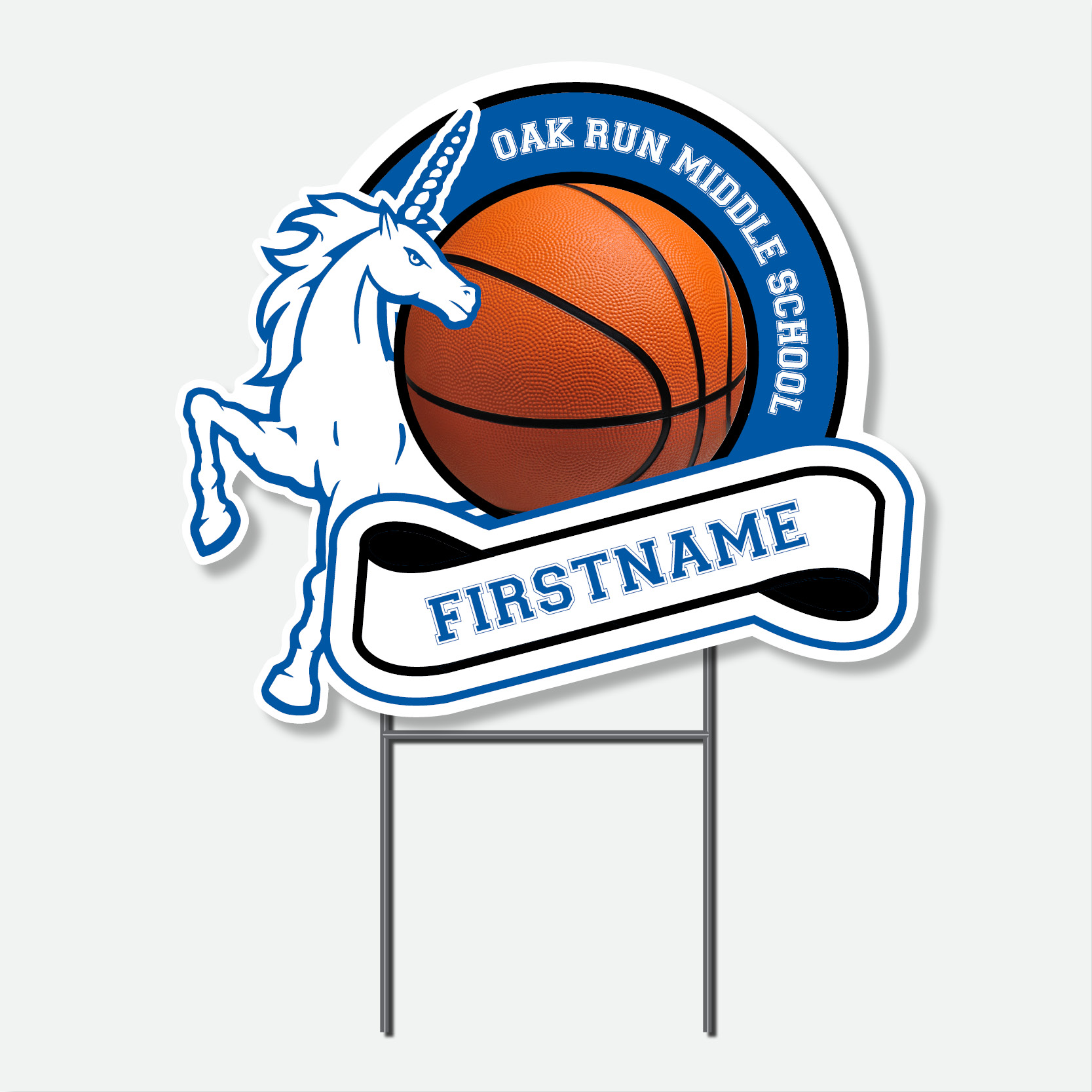 Personalized Oak Run Basketball yard sign featuring a blue and white basketball design with first name and H-stake