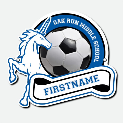 Personalized Oak Run Soccer fence sign featuring a blue and white soccer design with first name and grommets