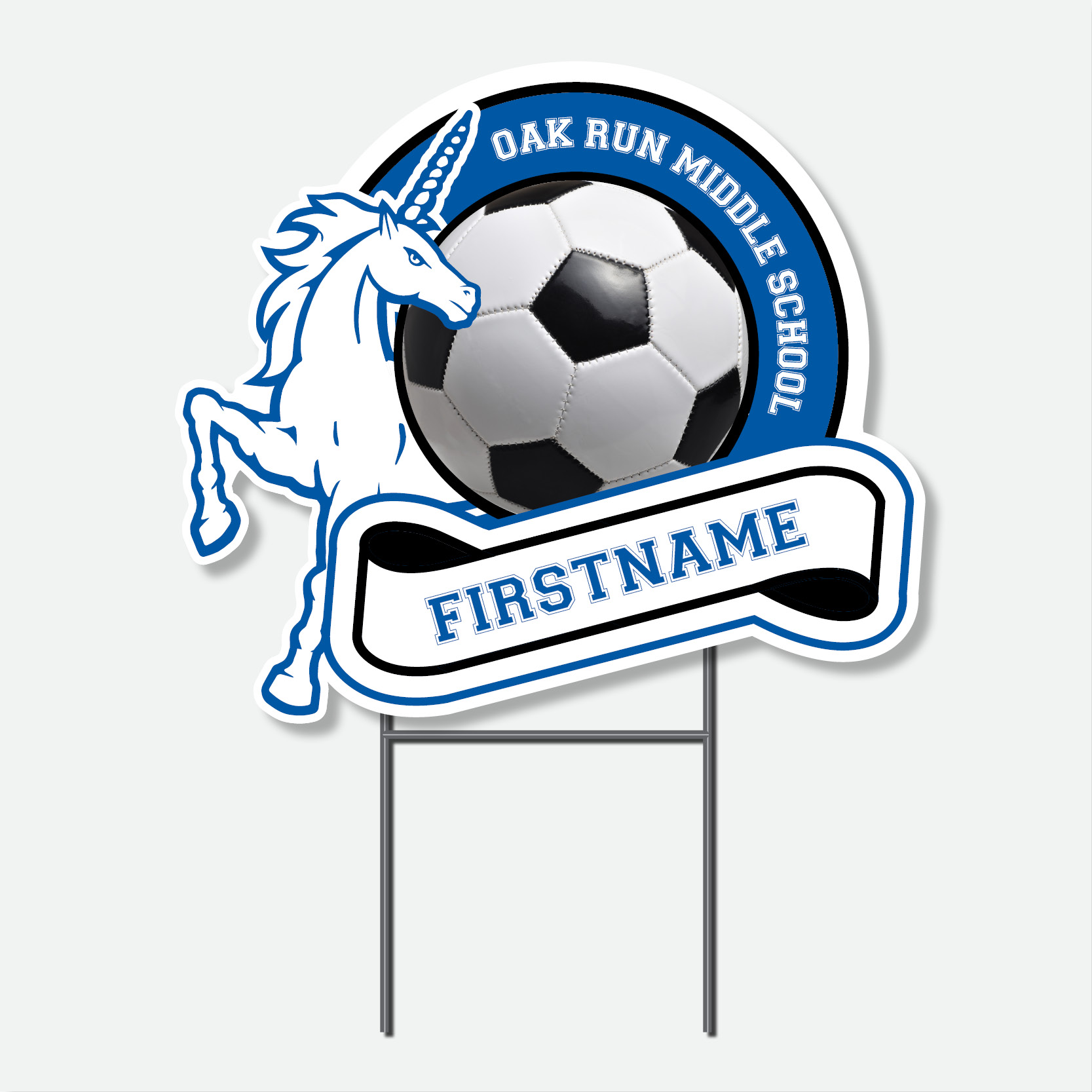 Personalized Oak Run Soccer yard sign featuring a blue and white soccer design with first name and H-stake.