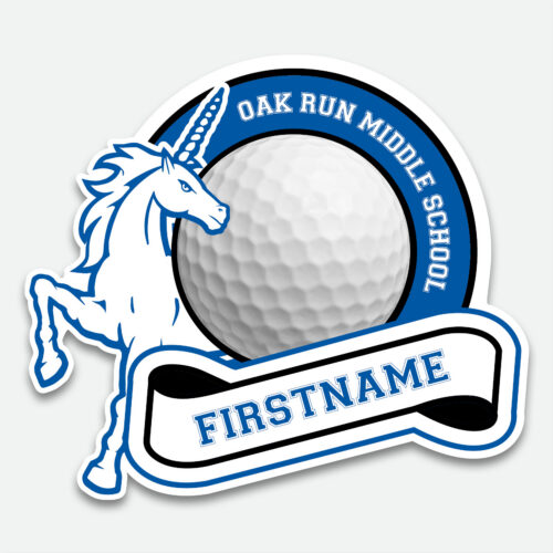 Personalized Oak Run Golf decal featuring a blue and white golf design with first name