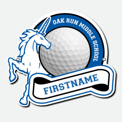 Personalized Oak Run Golf fence sign featuring a blue and white golf design with first name and grommets