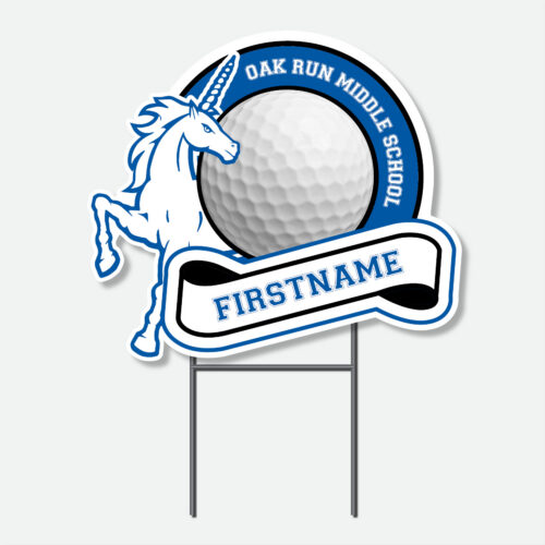 Personalized Oak Run Golf yard sign featuring a blue and white golf design with first name and H-stake.