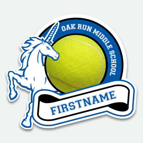 Personalized Oak Run Tennis decal featuring a blue and white tennis design with first name