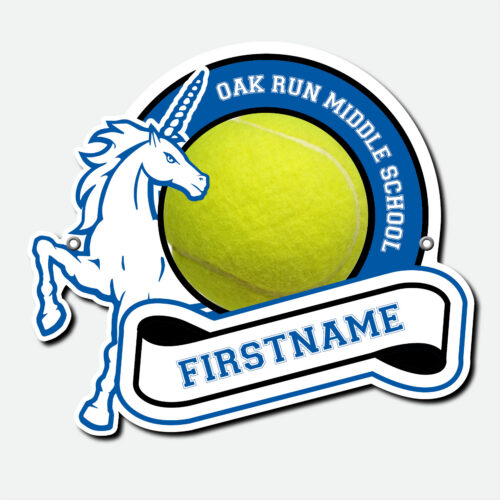 Personalized Oak Run Tennis fence sign featuring a blue and white tennis design with first name and grommets