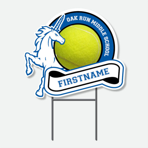 Personalized Oak Run Tennis yard sign featuring a blue and white tennis design with first name and H-stake.