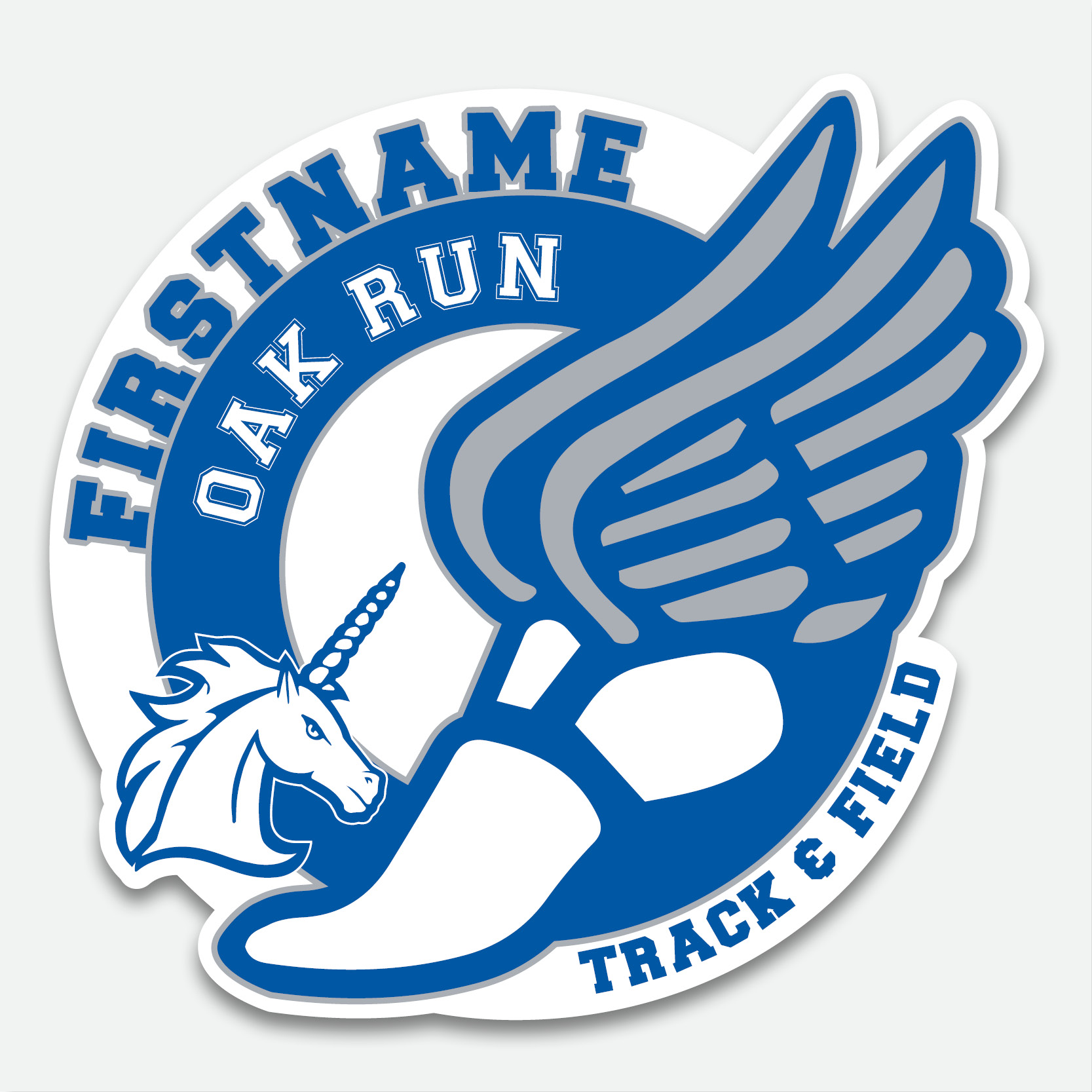 Personalized Oak Run Track & Field decal featuring a blue, white, and grey winged foot design with first name