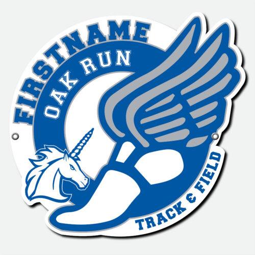 Personalized Oak Run Track & Field fence sign featuring a blue, white, and grey winged foot design with first name