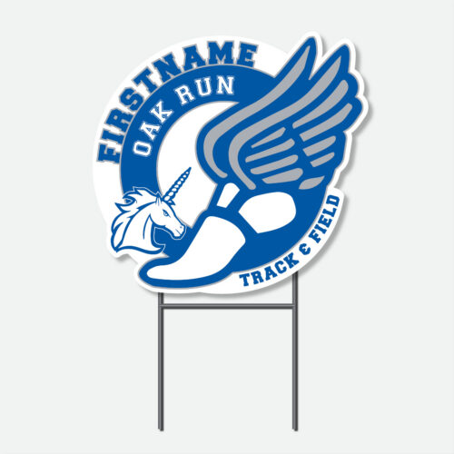 Personalized Oak Run Track & Field yard sign featuring a blue, white, and grey winged foot design with first name