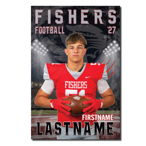 24x36 inch Fishers High School football senior banner featuring a personalized player photo, first and last name, FHS Tigers graphics, and 2027 football senior design.