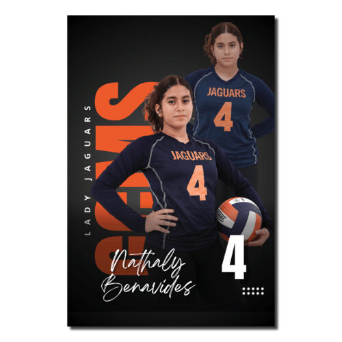 Guion Creek Jaguars volleyball player banner featuring a personalized athlete photo, player name and jersey number, with a dark background and Jaguars branding.