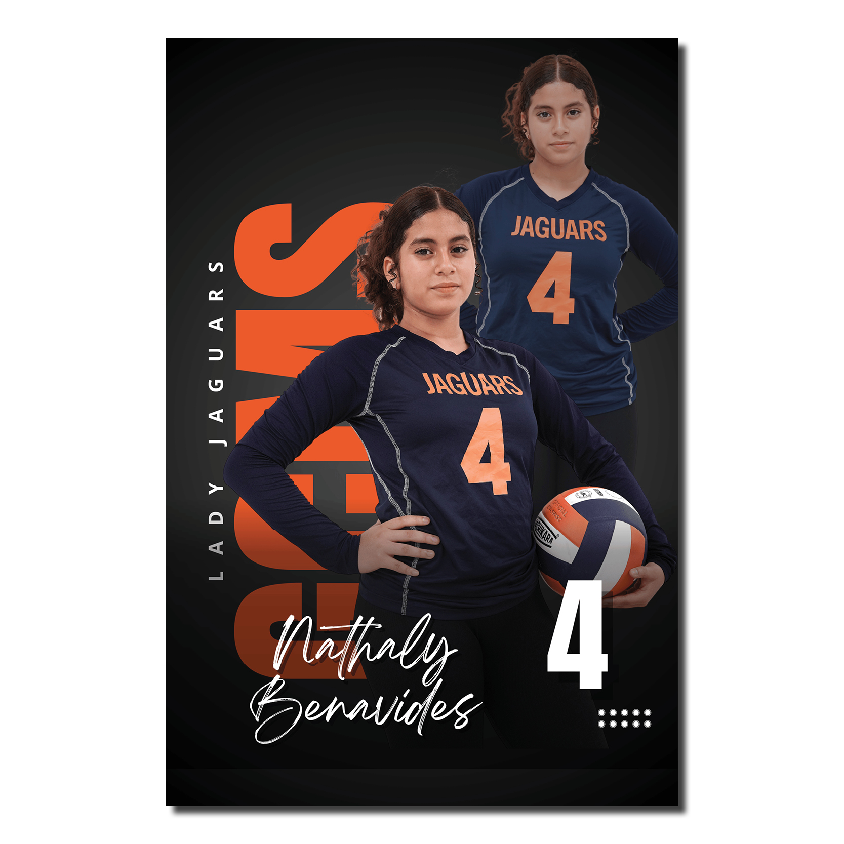 Guion Creek Jaguars volleyball player banner featuring a personalized athlete photo, player name and jersey number, with a dark background and Jaguars branding.