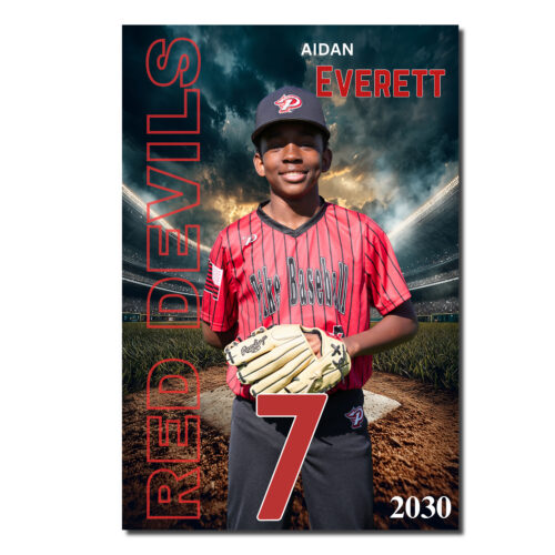 Baseball banner of player Aidan Everett in red uniform with number 7 on a stadium background, Class of 2030.