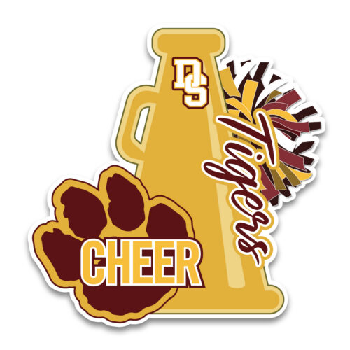 Gold Megaphone with red and gold paw print and pom pom decal for dripping springs cheer. Includes the words "Tigers", "Cheer" and "DS"