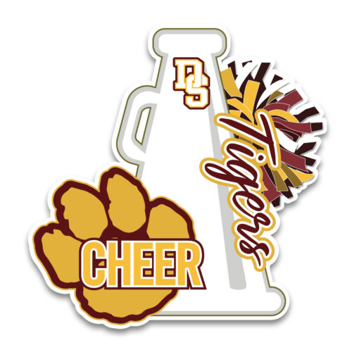 White Megaphone with red and gold paw print and pom pom decal for dripping springs cheer. Includes the words "Tigers", "Cheer" and "DS"