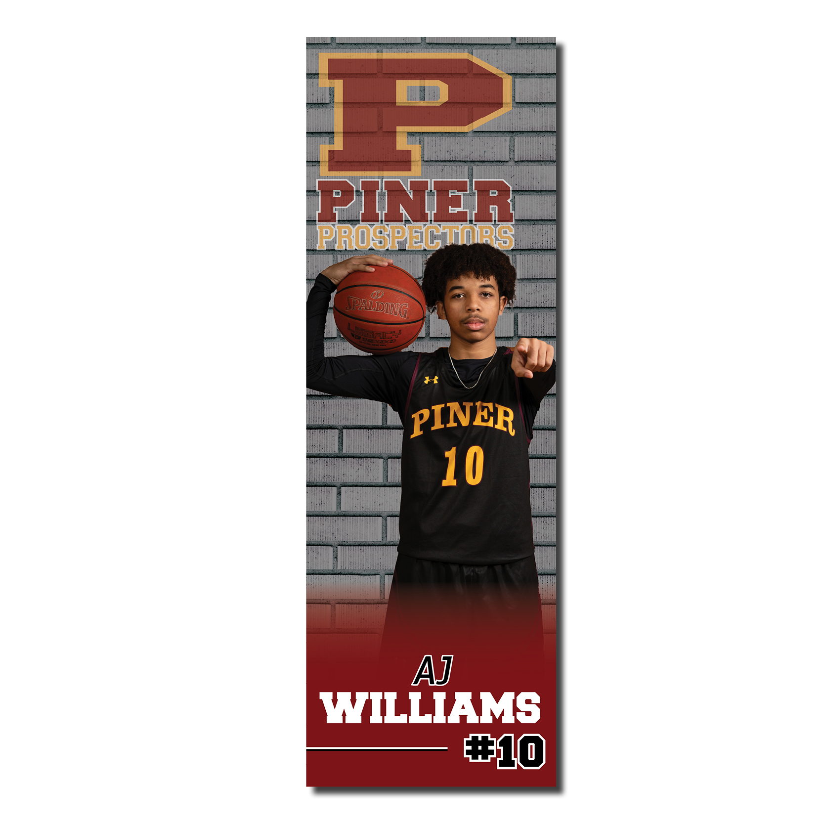 Life Size Piner Boys Basketball Senior Banner featuring a personalized full-length photo of a senior athlete in a Piner Prospectors basketball uniform holding a basketball against a brick background with Piner Prospectors branding. The 24" x 72" custom banner includes the athlete's first and last name, and jersey number, making it perfect for Senior Night and boys basketball senior recognition.