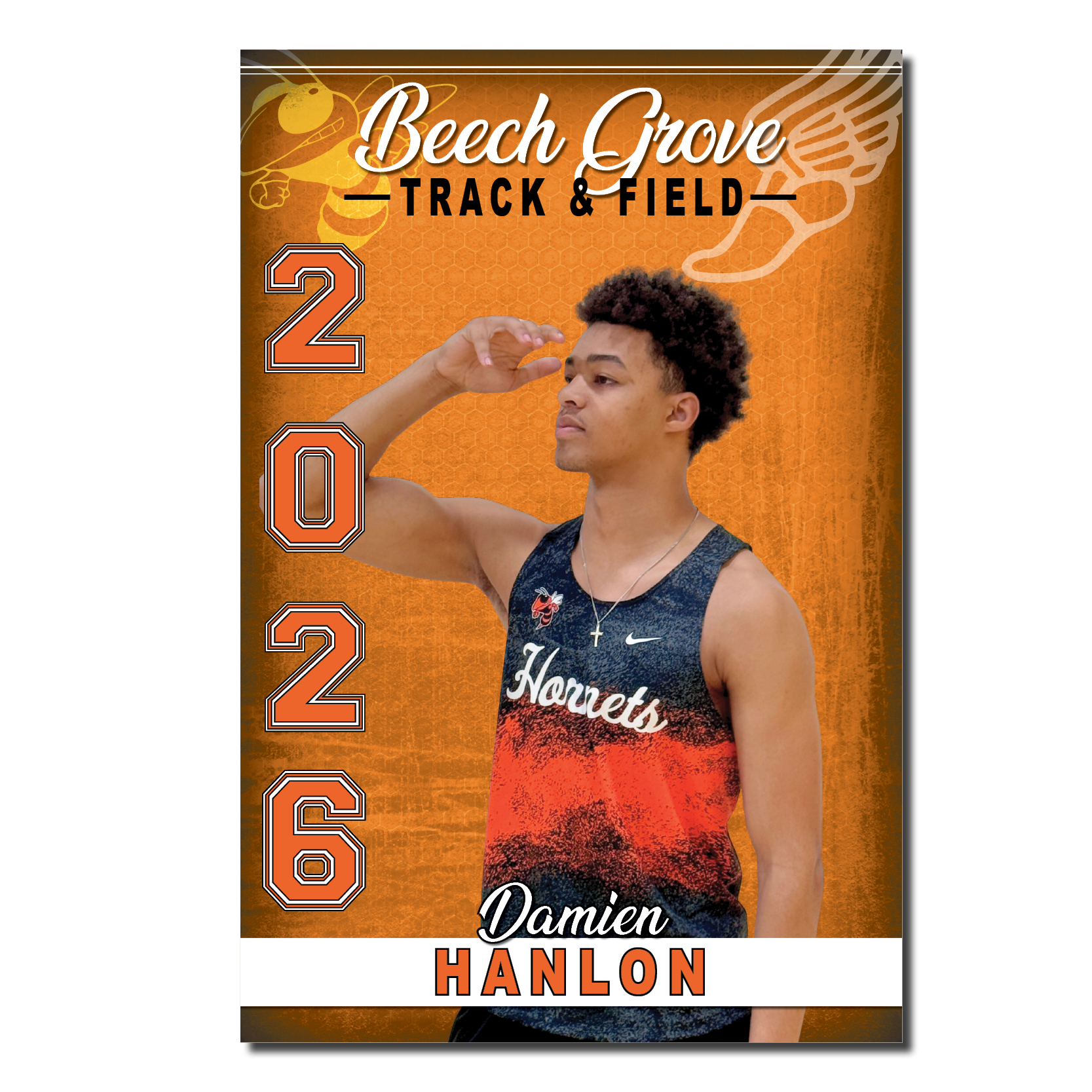 Beech Grove Track & Field Deluxe Senior Banner featuring a cut-out photo of a senior athlete in a Hornets track uniform against an orange background with track graphics. The personalized 24" x 36" banner includes the athlete's first and last name, "Damien Hanlon," and graduation year "2026," making it ideal for Senior Night and track & field recognition.