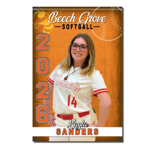 Beech Grove Softball Deluxe Senior Banner featuring a cut-out photo of a senior athlete in a Hornets softball uniform against an orange background with track graphics. The personalized 24" x 36" banner includes the athlete's first and last name, and graduation year "2026," making it ideal for Senior Night and softball recognition.
