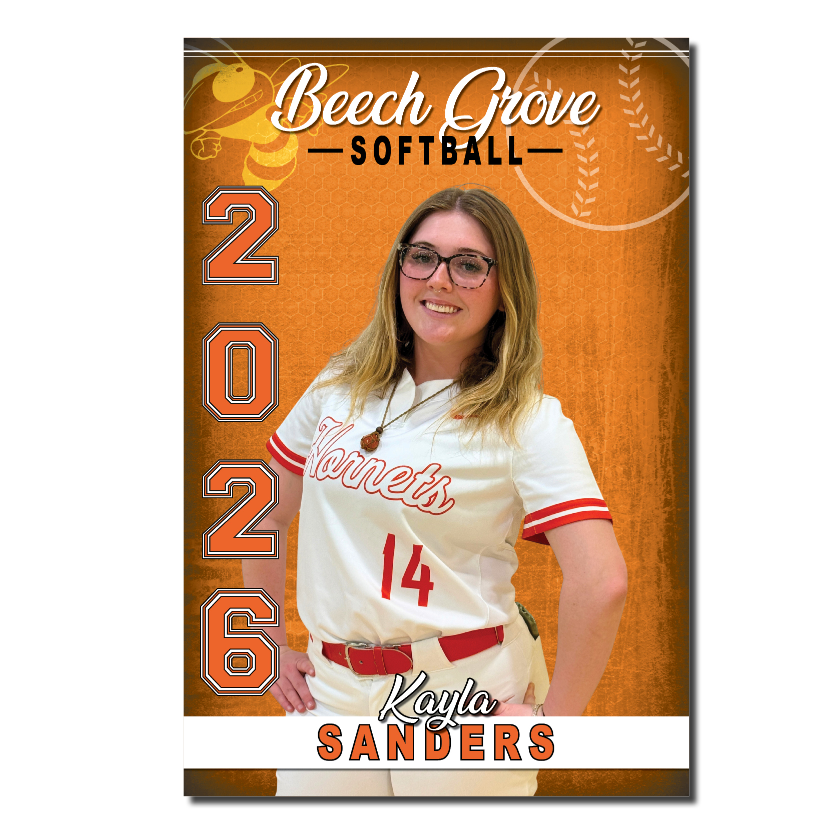 Beech Grove Softball Deluxe Senior Banner featuring a cut-out photo of a senior athlete in a Hornets softball uniform against an orange background with track graphics. The personalized 24" x 36" banner includes the athlete's first and last name, and graduation year "2026," making it ideal for Senior Night and softball recognition.