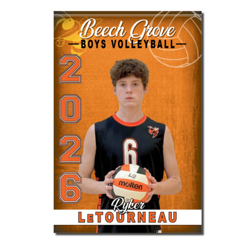 Beech Grove Boys Volleyball Deluxe Senior Banner featuring a cut-out photo of a senior athlete in a Hornets volleyball uniform against an orange background with volleyball graphics. The personalized 24" x 36" banner includes the athlete's first and last name, and graduation year "2026," making it ideal for Senior Night and volleyball recognition.