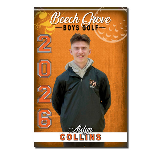 Beech Grove Boys Golf Deluxe Senior Banner featuring a cut-out photo of a senior athlete in a Hornets golf uniform against an orange background with golf graphics. The personalized 24" x 36" banner includes the athlete's first and last name, and graduation year "2026," making it ideal for Senior Night and golf recognition.